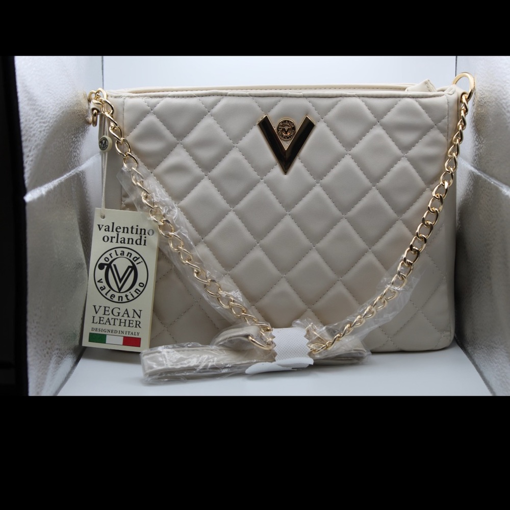Valentino Orlandi Quilted Vegan Leather Bag with Gold Chain